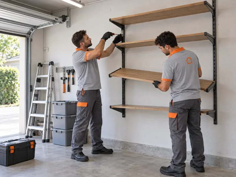 Illustrazione: operatore in divisa che smonta uno scaffale in garage