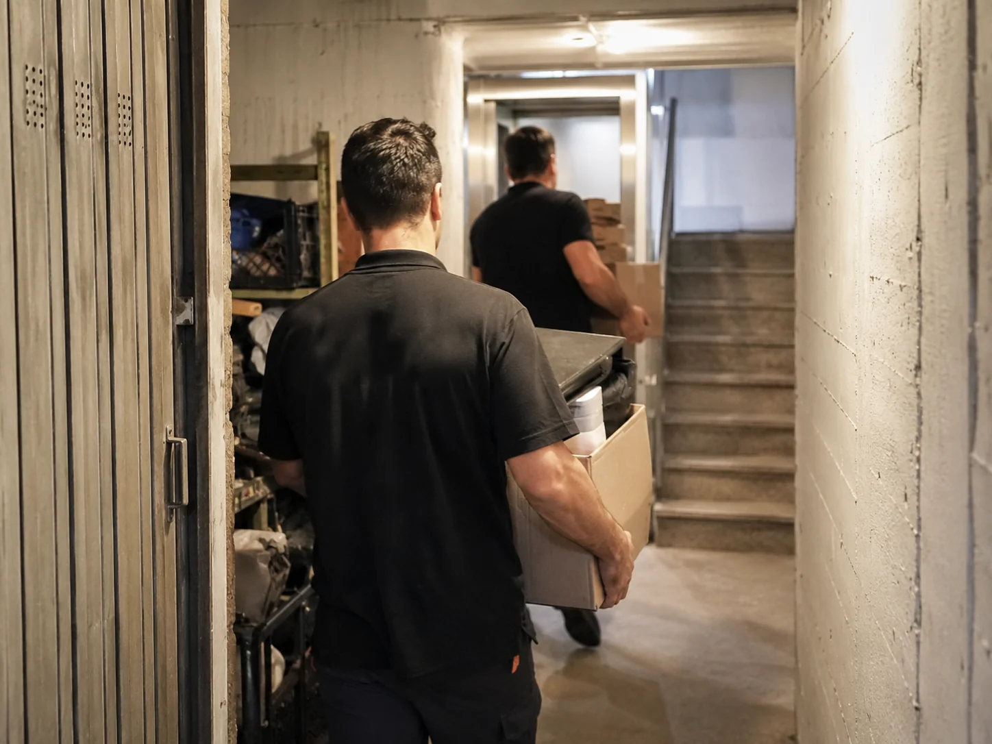 Movimentazione di scatole dal corridoio della cantina verso scale e uscita