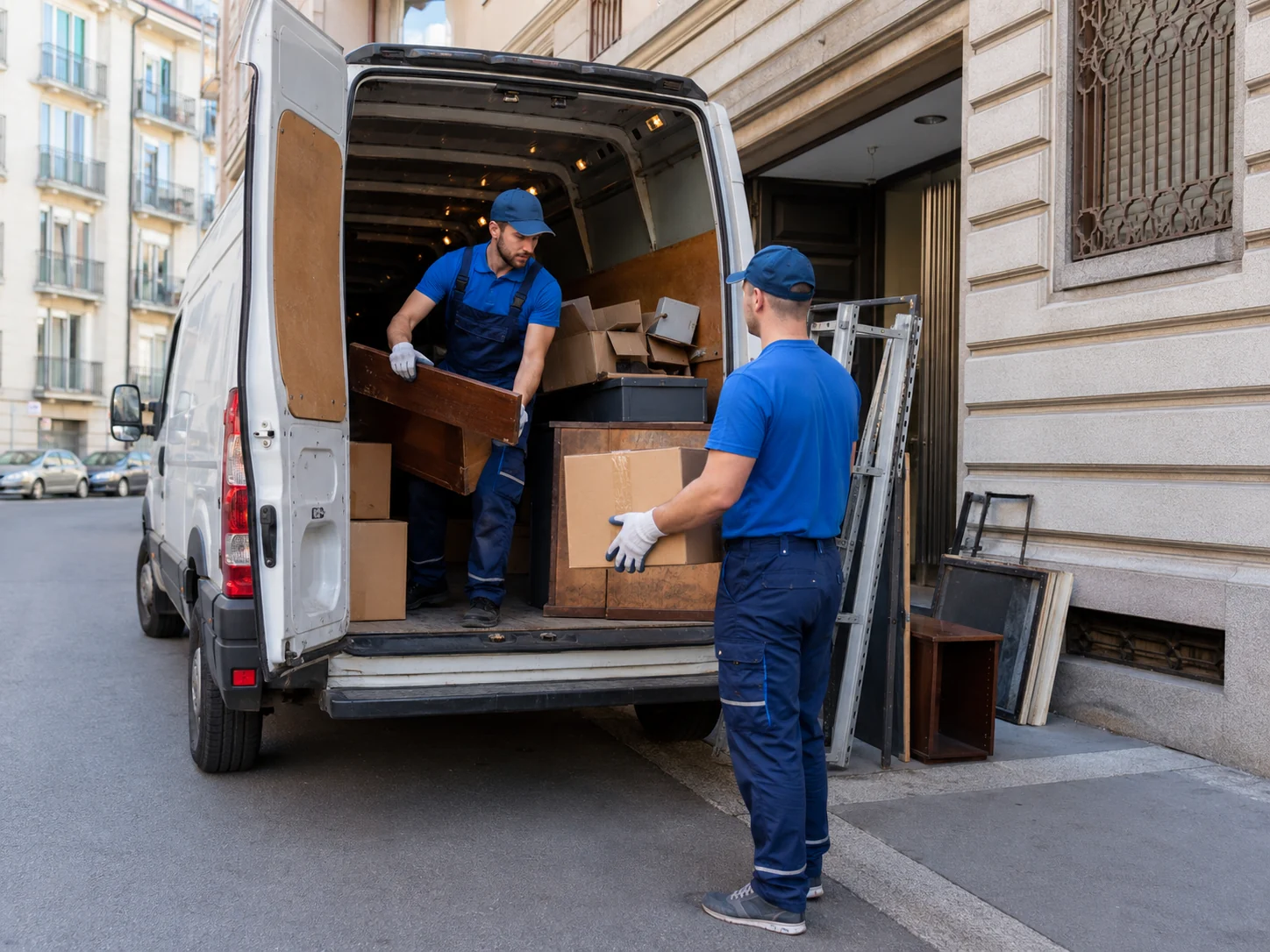 Operatori che caricano sul furgone materiali provenienti da una cantina a Milano