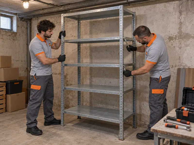 Illustrazione: operatore in divisa che smonta uno scaffale in cantina