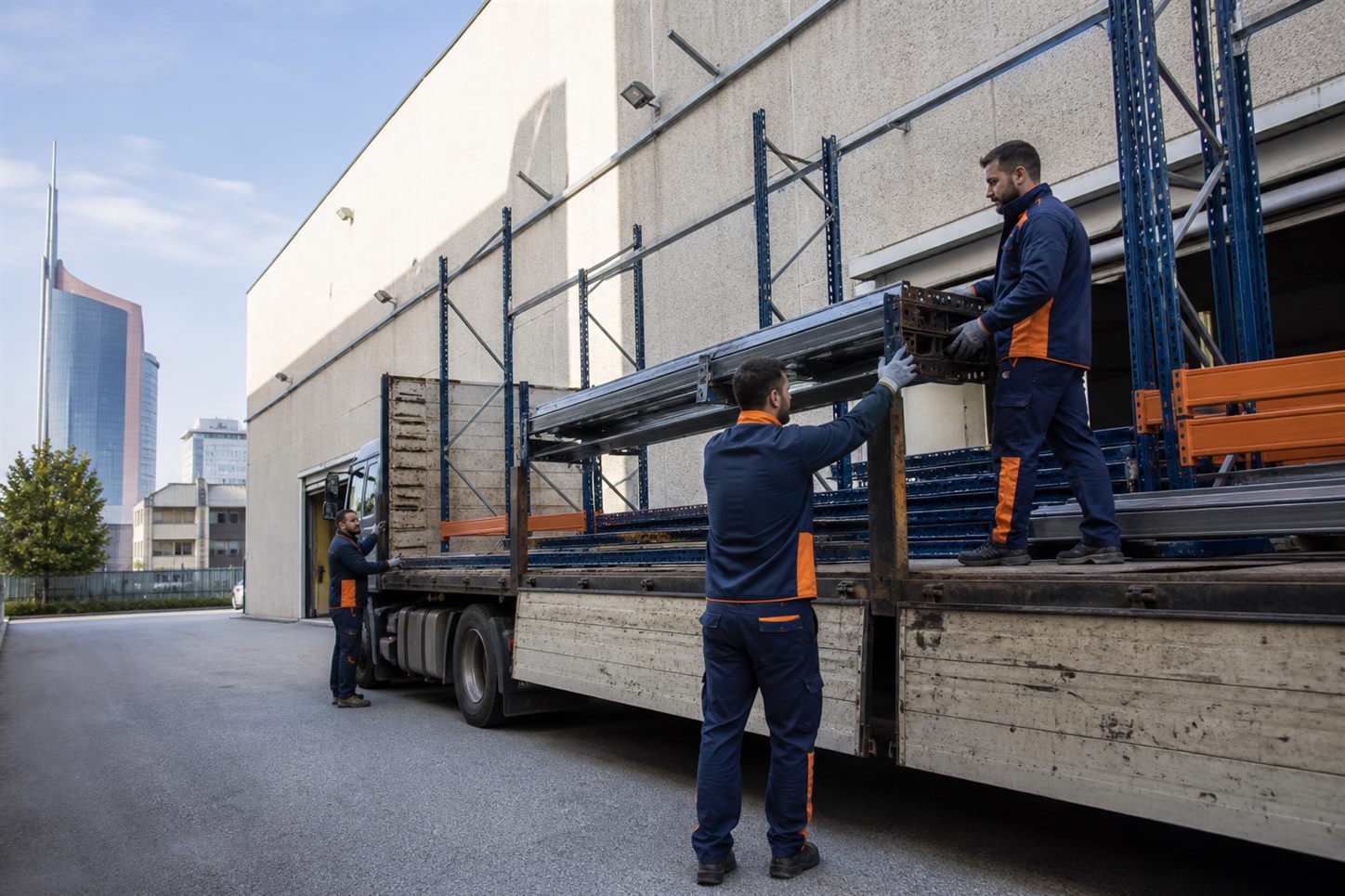 Carico organizzato di materiali da capannone sul mezzo a Milano