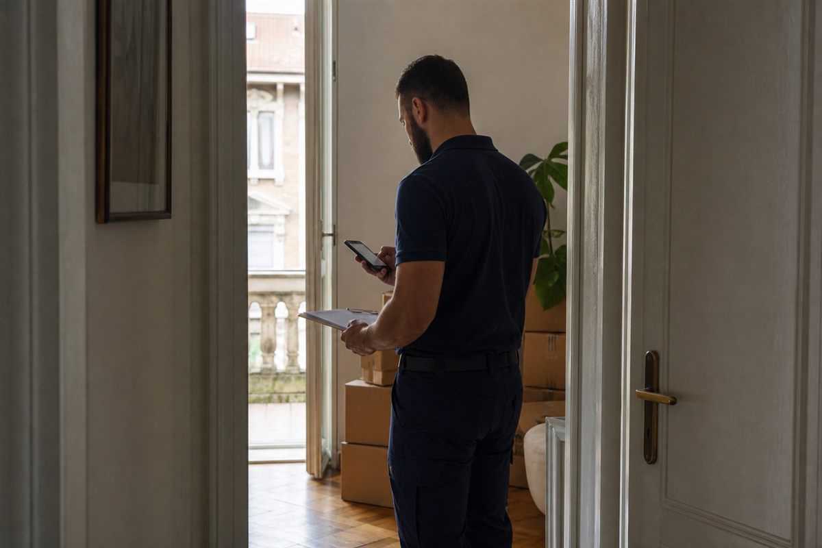 Operatore valuta ambienti e accessi per un preventivo di sgombero a Milano