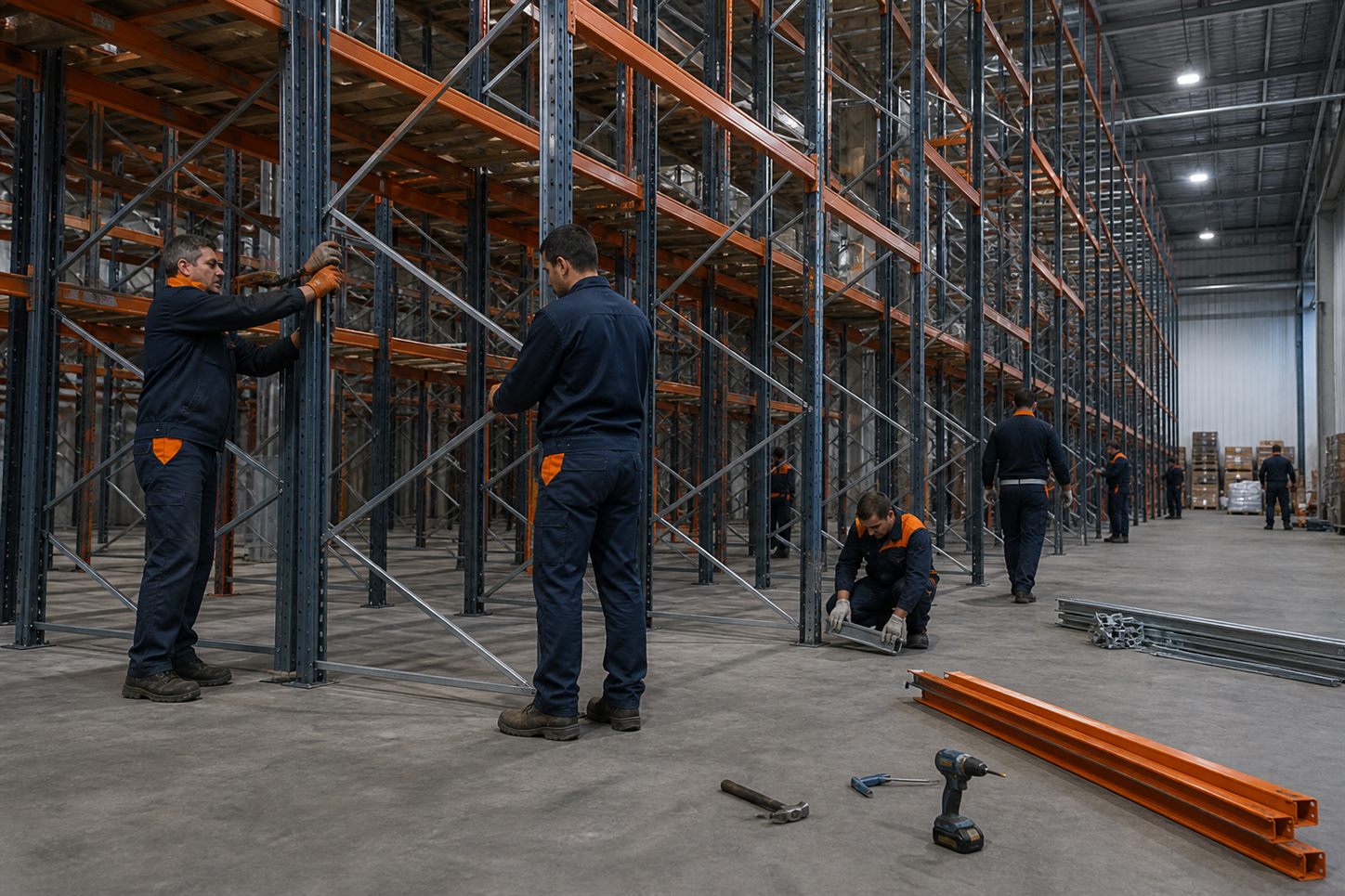 Smontaggio di scaffali metallici in un deposito da liberare