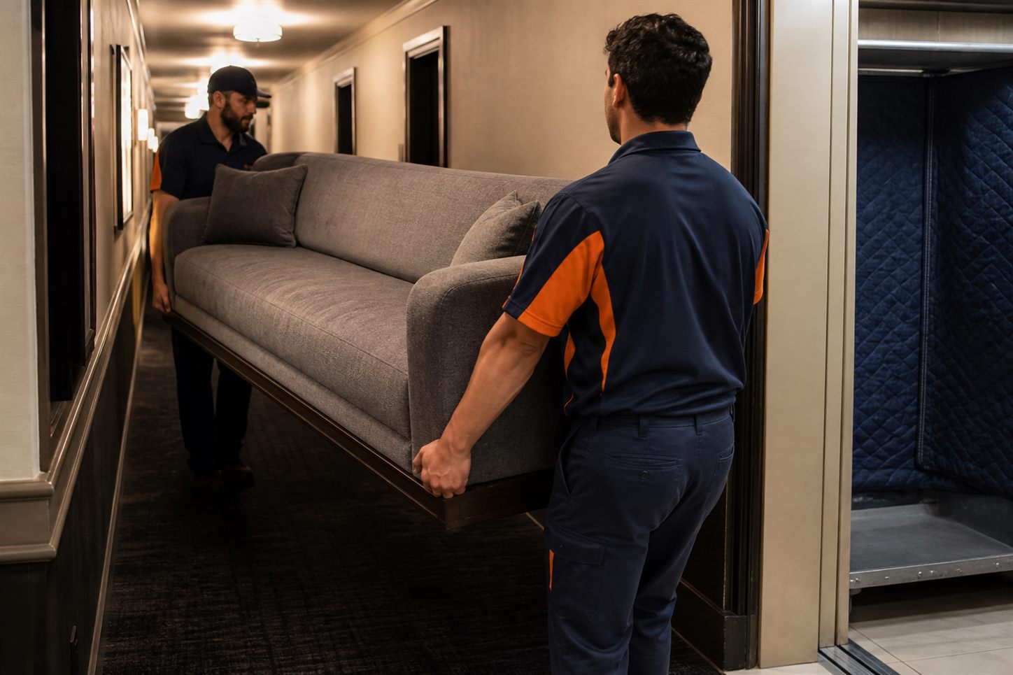 Movimentazione di arredi hotel attraverso corridoi, scale e montacarichi
