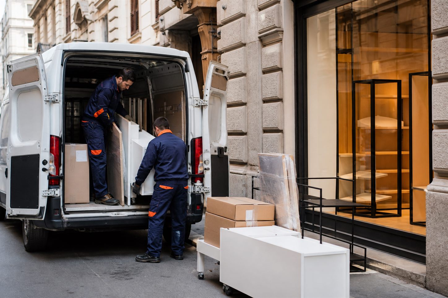 Carico di arredi commerciali sul furgone dopo sgombero negozio a Milano