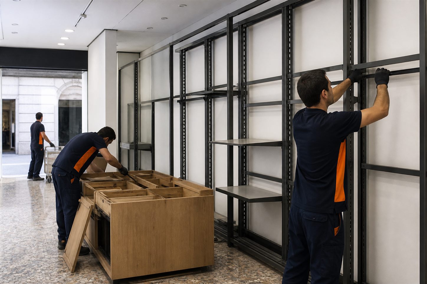Smontaggio di scaffalature e arredi commerciali in un negozio da liberare