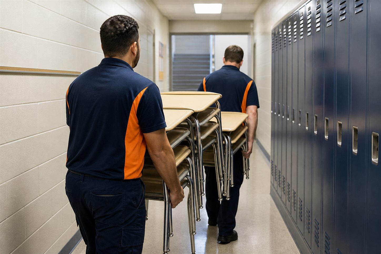 Movimentazione di arredi scolastici attraverso corridoi, scale e cortile