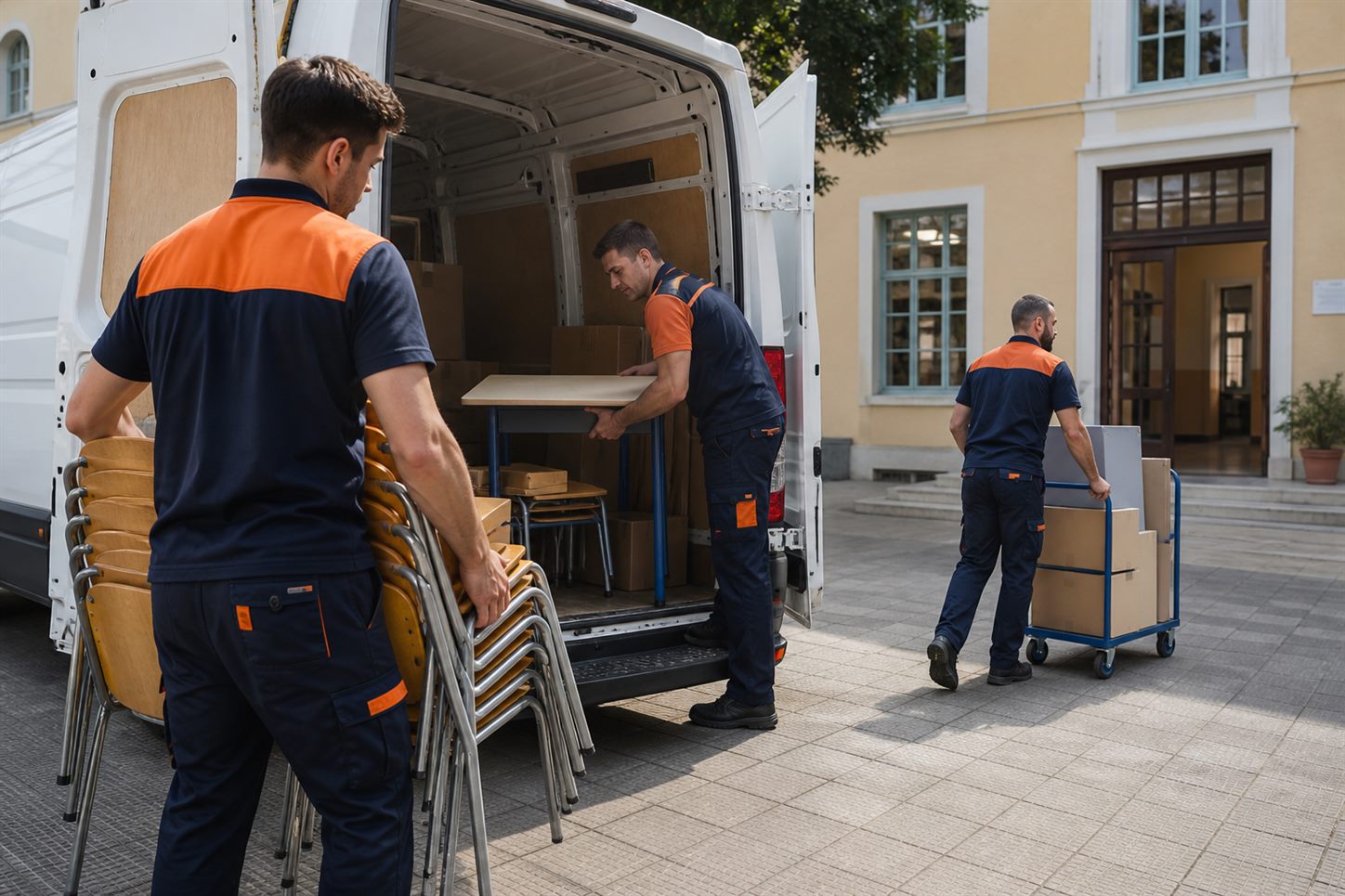Carico organizzato di arredi scolastici sul furgone a Milano