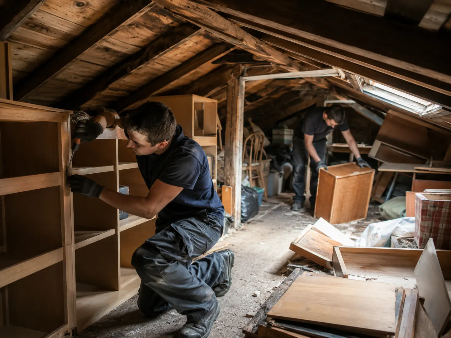 Operatori che smontano scaffali e piccoli mobili in un sottotetto
