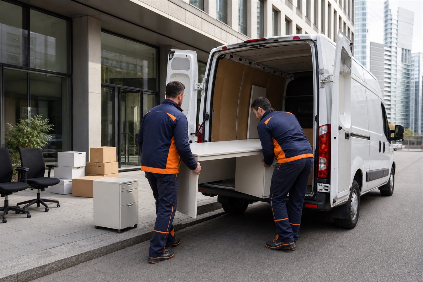 Carico organizzato di arredi da ufficio sul furgone a Milano